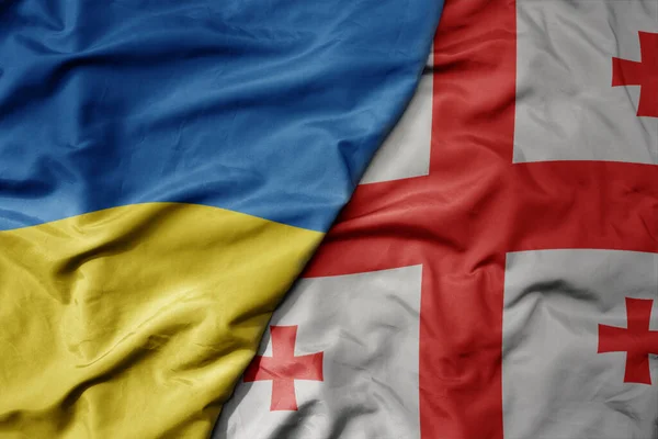 Ukrayna Nın Ulusal Bayrağı Gürcistan Ulusal Bayrağı Sallanıyor Makro — Stok fotoğraf
