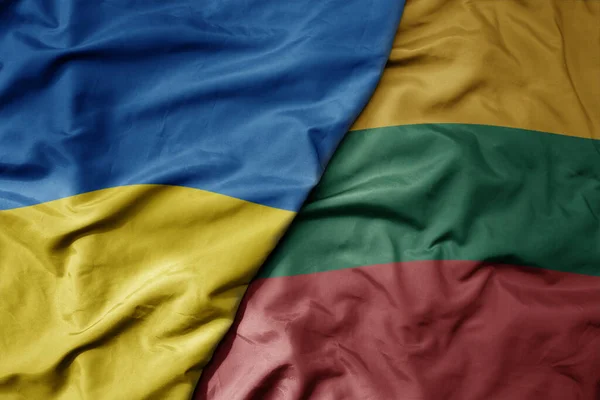 Big Waving National Colorful Flag Ukraine National Flag Lithuania Macro — Stock Photo, Image