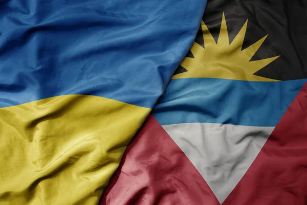 Big Waving National Colorful Flag Ukraine National Flag Antigua Barbuda — Stock Photo, Image