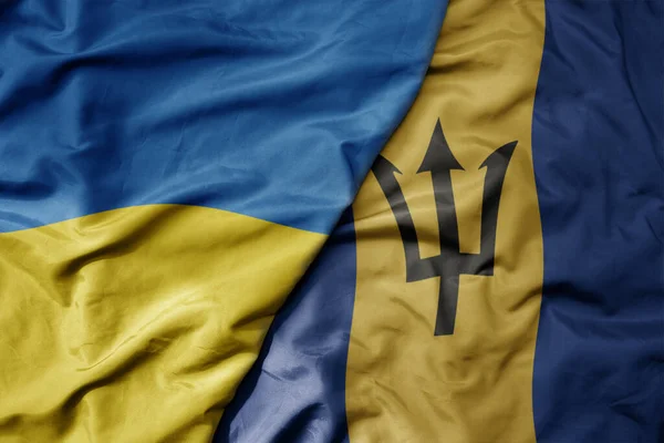 Ukrayna Nın Ulusal Renkli Bayrağı Barbados Ulusal Bayrağı Sallanıyor Makro — Stok fotoğraf