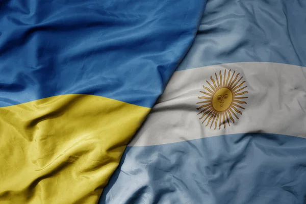 Grande Acenando Bandeira Colorida Nacional Ucraniano Bandeira Nacional Argentina Macro — Fotografia de Stock