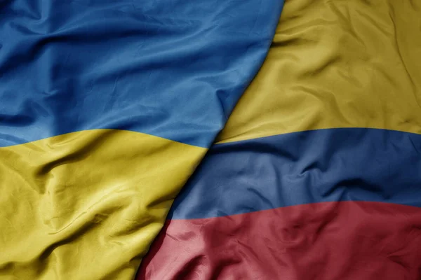Gran Ondeando Bandera Nacional Colorida Ucrania Bandera Nacional Colombia Macro —  Fotos de Stock