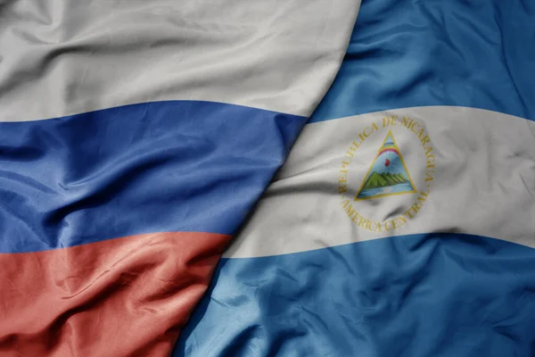 Big Waving Realistic National Colorful Flag Russia National Flag Nicaragua — Stock Photo, Image