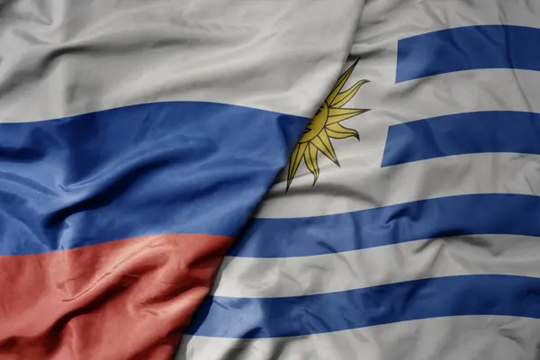 Big Waving Realistic National Colorful Flag Russia National Flag Uruguay — Stock Photo, Image