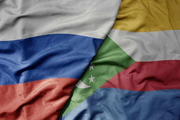 Big Waving Realistic National Colorful Flag Russia National Flag Comoros — Stock Photo, Image