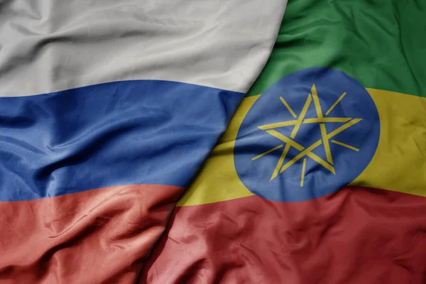 Velké Vlnění Realistické Národní Barevné Vlajky Ruska Národní Vlajky Etiopie — Stock fotografie