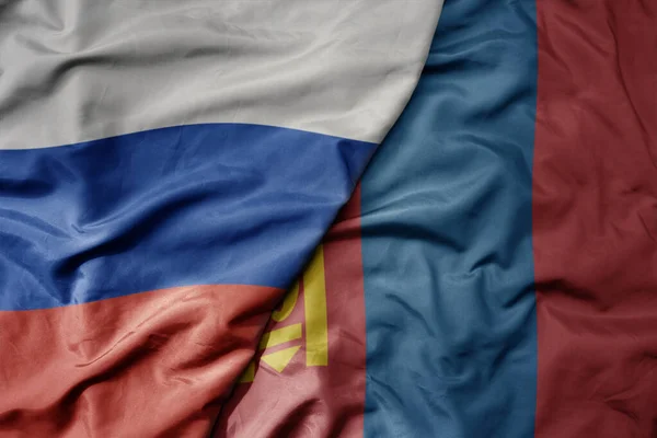Великий Махаючий Реалістичний Національний Барвистий Прапор Росії Національний Прапор Монголії — стокове фото