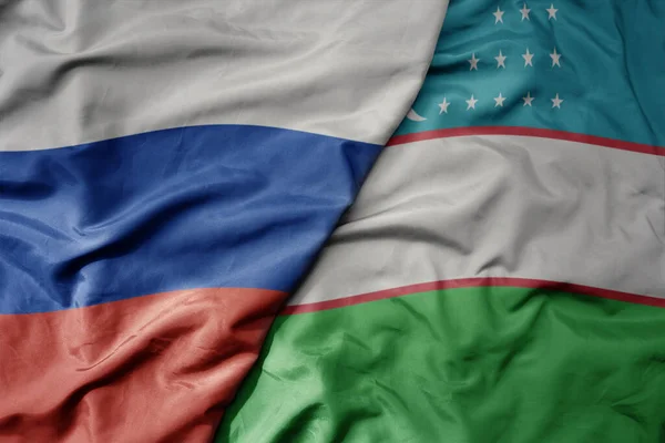 Big Waving Realistic National Colorful Flag Russia National Flag Uzbekistan — Stock Photo, Image