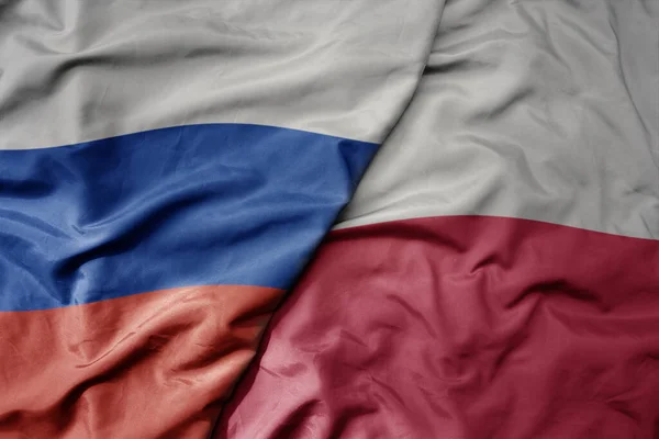Big Waving Realistic National Colorful Flag Russia National Flag Poland — Stock Photo, Image