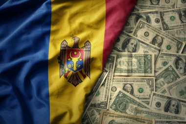 Moldova 'nın ulusal bayrağını Amerikan dolarının arka planında sallayan büyük renkli bir bayrak. finans kavramı