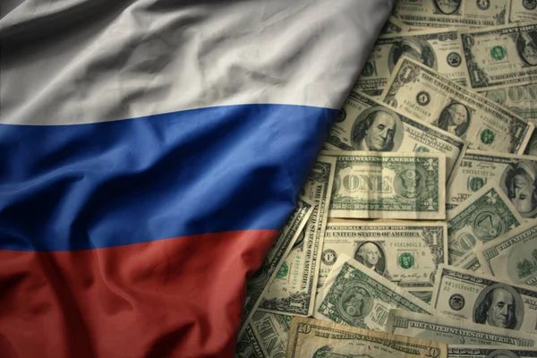Rusya Nın Bayrağını Amerikan Dolarları Üzerinde Sallayan Büyük Renkli Bir — Stok fotoğraf