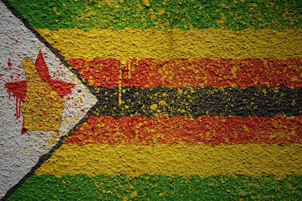 Colorful Painted Big National Flag Zimbabwe Massive Old Cracked Wall — Stock Photo, Image