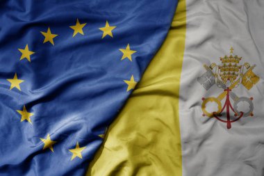 Avrupa Birliği 'nin gerçekçi ulusal bayrağı ve Vatikan' ın ulusal bayrağı sallanıyor. makro