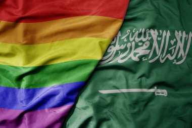 Suudi Arabistan 'ın ulusal renkli bayrağı ve gökkuşağı eşcinsellik gururu bayrağı sallanıyor. makro