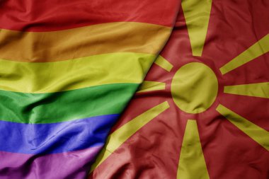 Büyük, gerçekçi, ulusal, renkli, Macedonia bayrağı ve gökkuşağı eşcinsellik gururu bayrağı sallıyor. makro