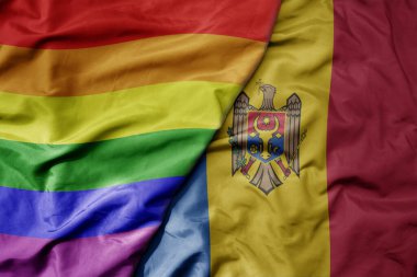 Moldova ve gökkuşağı eşcinsellik bayrağının büyük ve gerçekçi ulusal bayrağını sallıyor. makro