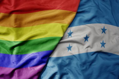 Honduras ve gökkuşağı eşcinsellik bayrağının büyük, gerçekçi ulusal bayrağını sallıyor. makro