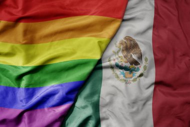 Meksika 'nın ulusal renkli bayrağı ve gökkuşağı eşcinsellik bayrağı sallanıyor. makro