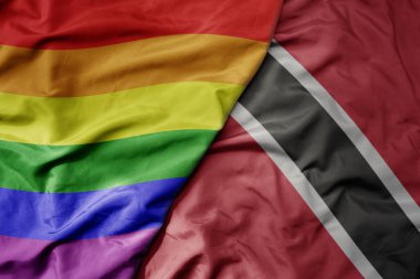 Trinidad, Tobago ve gökkuşağı eşcinsellik bayrağının büyük ve gerçekçi ulusal bayrağını sallıyor. makro