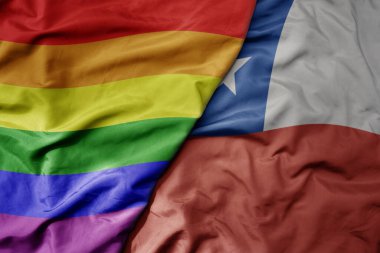 Şili ve gökkuşağı eşcinsellik bayrağının büyük, gerçekçi ulusal bayrağını sallıyor. makro