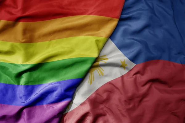 Stora Viftande Realistiska Nationella Färgglada Flagga Filippiner Och Regnbåge Gay — Stockfoto