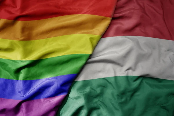 Big Waving Realistic National Colorful Flag Hungary Rainbow Gay Pride — Stock Photo, Image