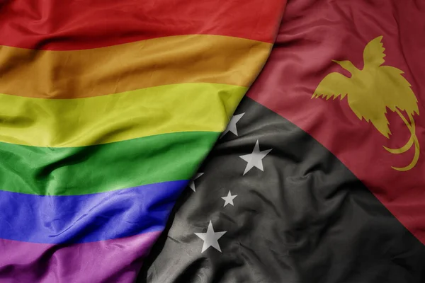 Stora Viftande Realistiska Nationella Färgglada Flagga Papua Nya Guinea Och — Stockfoto