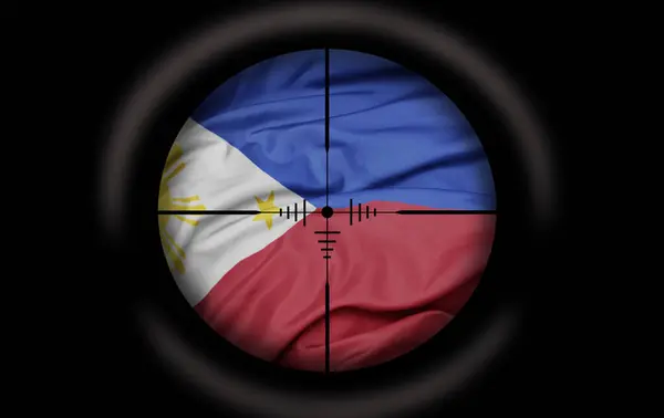 Krypskytten Siktar Den Stora Färgglada Flaggan Filippinerna Land Begrepp Stockbild