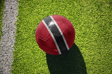 Trinidad ve Tobago 'nun ulusal bayrağını taşıyan futbol topu beyaz çizginin yanındaki yeşil alanda.