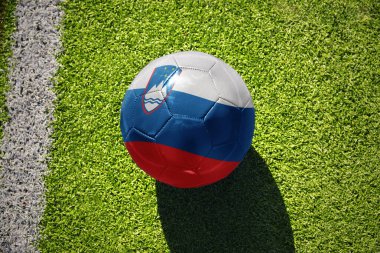 Beyaz çizginin yanındaki yeşil alanda ulusal Slovenia bayrağı taşıyan futbol topu.