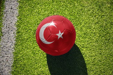Futbol topu, beyaz çizginin yanındaki yeşil sahada ulusal hindi bayrağı taşıyor.
