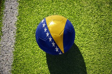 Ulusal Bosna bayrağı ve Herzegovina bayrağı olan futbol topu beyaz çizginin yanındaki yeşil alanda.