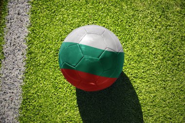 Beyaz çizginin yanındaki yeşil alanda ulusal Bulgar bayrağı taşıyan futbol topu.