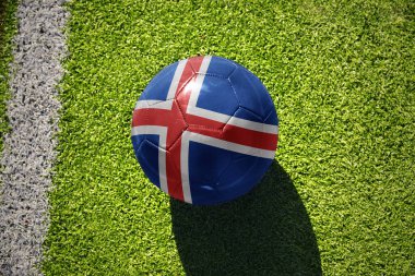 İzlanda 'nın ulusal bayrağını taşıyan futbol topu beyaz çizginin yanındaki yeşil alanda
