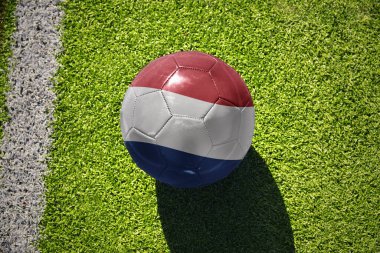 Hollanda milli bayraklı futbol topu beyaz çizginin yanındaki yeşil sahada.