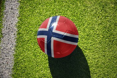 Norveç milli bayraklı futbol topu beyaz çizginin yanındaki yeşil sahada.