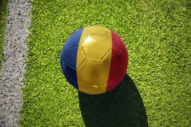 Romanya milli bayrağı beyaz çizginin yanındaki yeşil sahada futbol topu