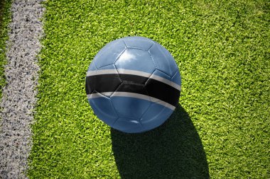 Botswana 'nın ulusal bayrağını taşıyan futbol topu beyaz çizginin yanındaki yeşil alanda.