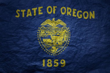 Grunge eski kağıt dokusu arka planında Oregon eyaletinin renkli büyük ulusal bayrağı
