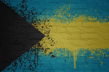 Kocaman, eski tuğla bir duvara rengarenk büyük ulusal Bahamalar bayrağı çizilmiş.