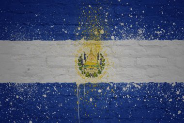 Büyük, eski tuğla bir duvarın üzerine renkli, büyük, ulusal bir El Salvador bayrağı.