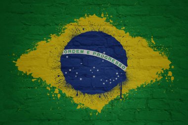 Büyük, eski tuğla bir duvarda Brezilya bayrağının rengiyle boyanmış.