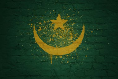 Büyük, eski bir tuğla duvarın üzerine büyük bir Mauritania bayrağı boyanmış.