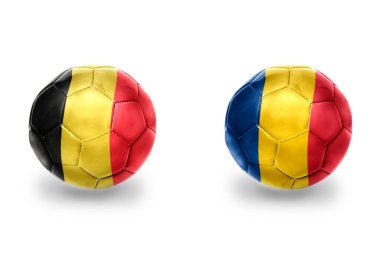 Romanya ve Belçika 'nın ulusal bayraklı gerçekçi futbol topları, futbol takımları. beyaz arkaplanda.