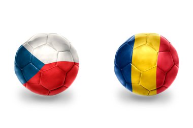 Czech Cumhuriyeti ve Romanya 'nın ulusal bayraklı gerçekçi futbol topları, futbol takımları. beyaz arkaplanda.