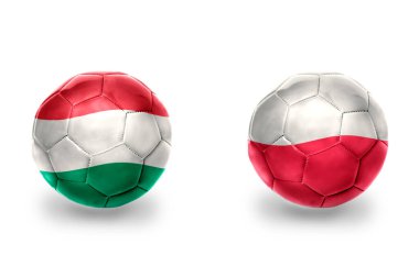 Polonya ve Hungary ulusal bayraklı gerçekçi futbol topları, futbol takımları. beyaz arkaplanda.