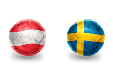İsveç ve Avusturya ulusal bayraklı gerçekçi futbol topları, futbol takımları. beyaz arkaplanda.