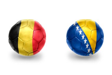 Bosna, Herzegovina ve Belçika 'nın ulusal bayraklı gerçekçi futbol topları, futbol takımları. beyaz arkaplanda.