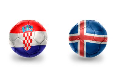 İzlanda, Hırvat ve futbol takımlarının bayraklı gerçekçi futbol topları. beyaz arkaplanda.