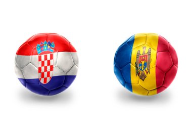 Moldova ve Hırvat ulusal bayraklı gerçekçi futbol topları, futbol takımları. beyaz arkaplanda.